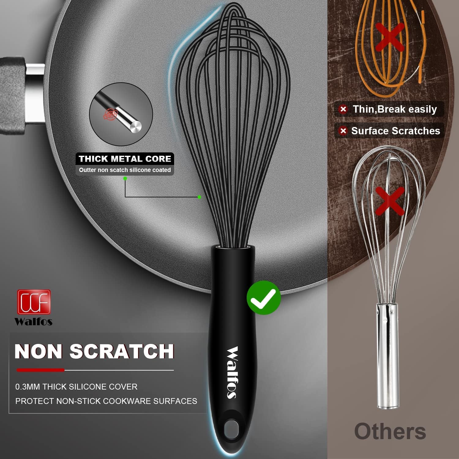 Silicone Whisk, Stainless Steel Wire Whisk Set of 3 -Heat Resistant Kitchen Whisks for Non-Stick Cookware, Balloon Egg Beater Perfect for Blending, Whisking, Beating, Frothing & Stirring, Black
