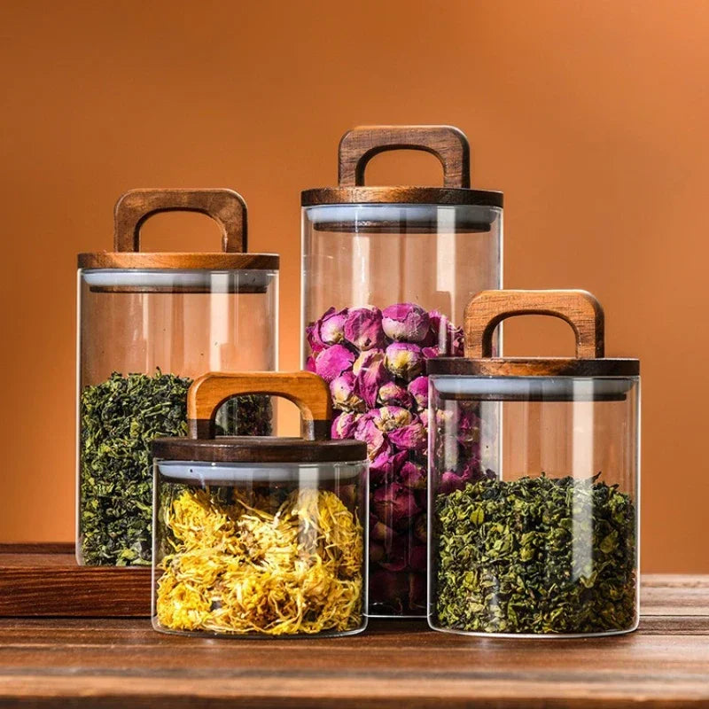 SealNest™ Glass Storage Jar with Wooden Lid – Airtight Kitchen Canister for Coffee, Tea, Spices & More