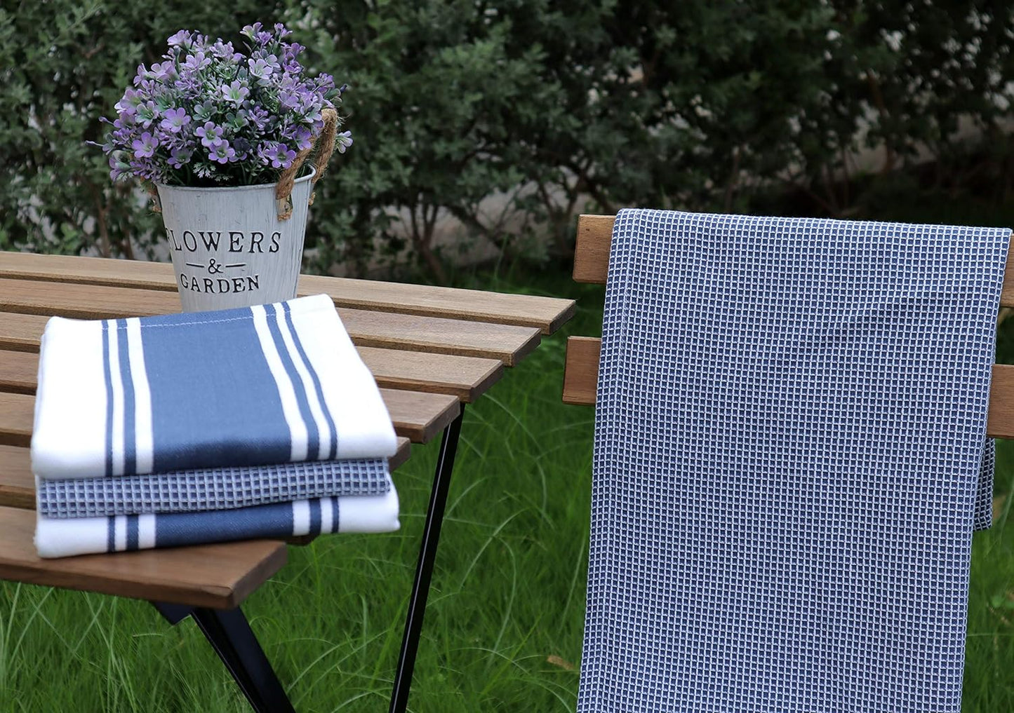 Kitchen Towels|2 Stripe + 2 Waffle Cotton Dish Towels for Drying Dishes|28X20 Inch Kitchen Hand Towels,Tea Towels,Dish Towels for Kitchen|Quick Drying Washable Fall Kitchen Towels|Blue