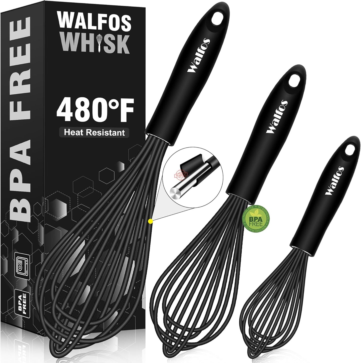 Silicone Whisk, Stainless Steel Wire Whisk Set of 3 -Heat Resistant Kitchen Whisks for Non-Stick Cookware, Balloon Egg Beater Perfect for Blending, Whisking, Beating, Frothing & Stirring, Black