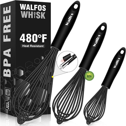 Silicone Whisk, Stainless Steel Wire Whisk Set of 3 -Heat Resistant Kitchen Whisks for Non-Stick Cookware, Balloon Egg Beater Perfect for Blending, Whisking, Beating, Frothing & Stirring, Black