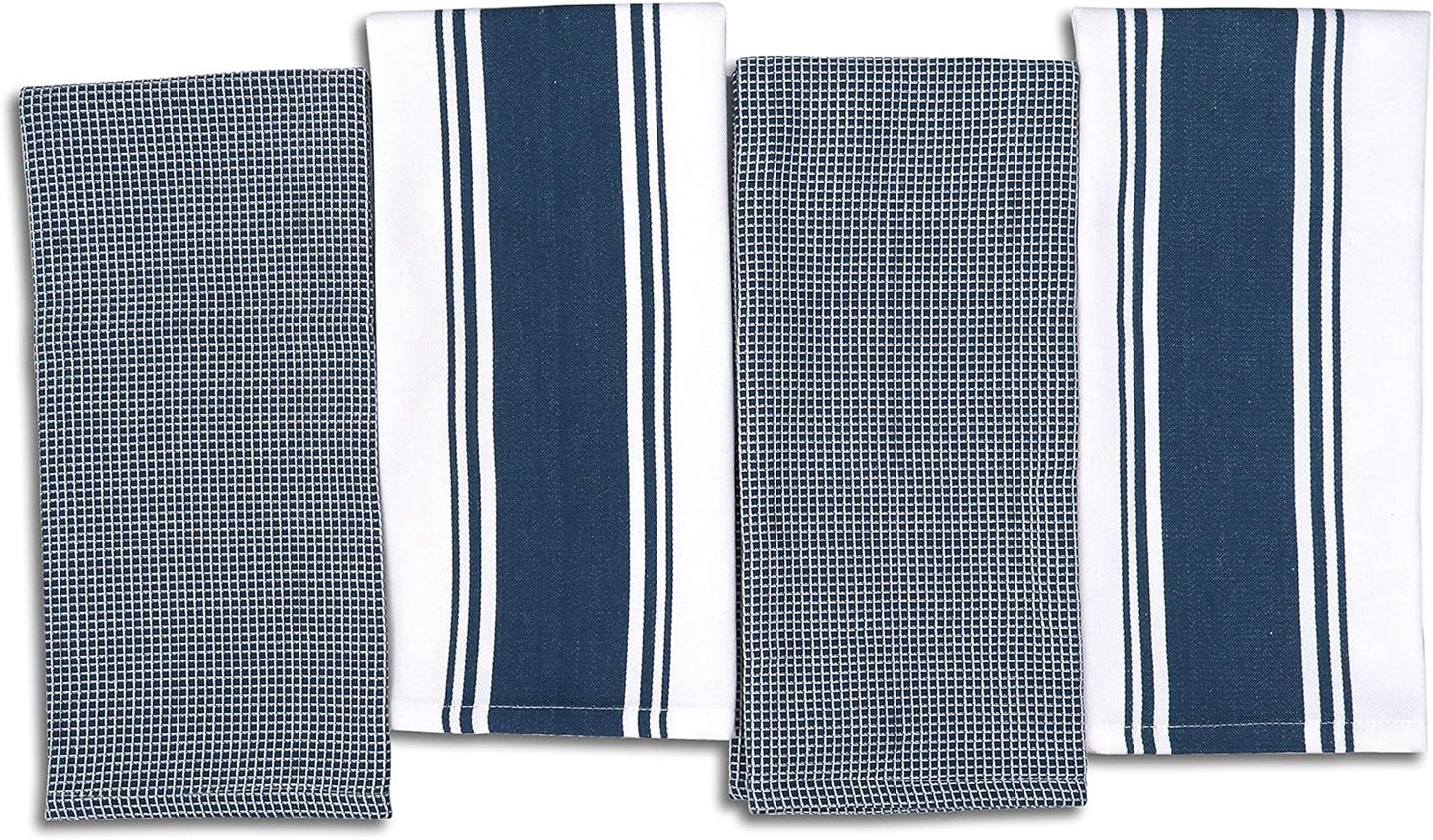 Kitchen Towels|2 Stripe + 2 Waffle Cotton Dish Towels for Drying Dishes|28X20 Inch Kitchen Hand Towels,Tea Towels,Dish Towels for Kitchen|Quick Drying Washable Fall Kitchen Towels|Blue